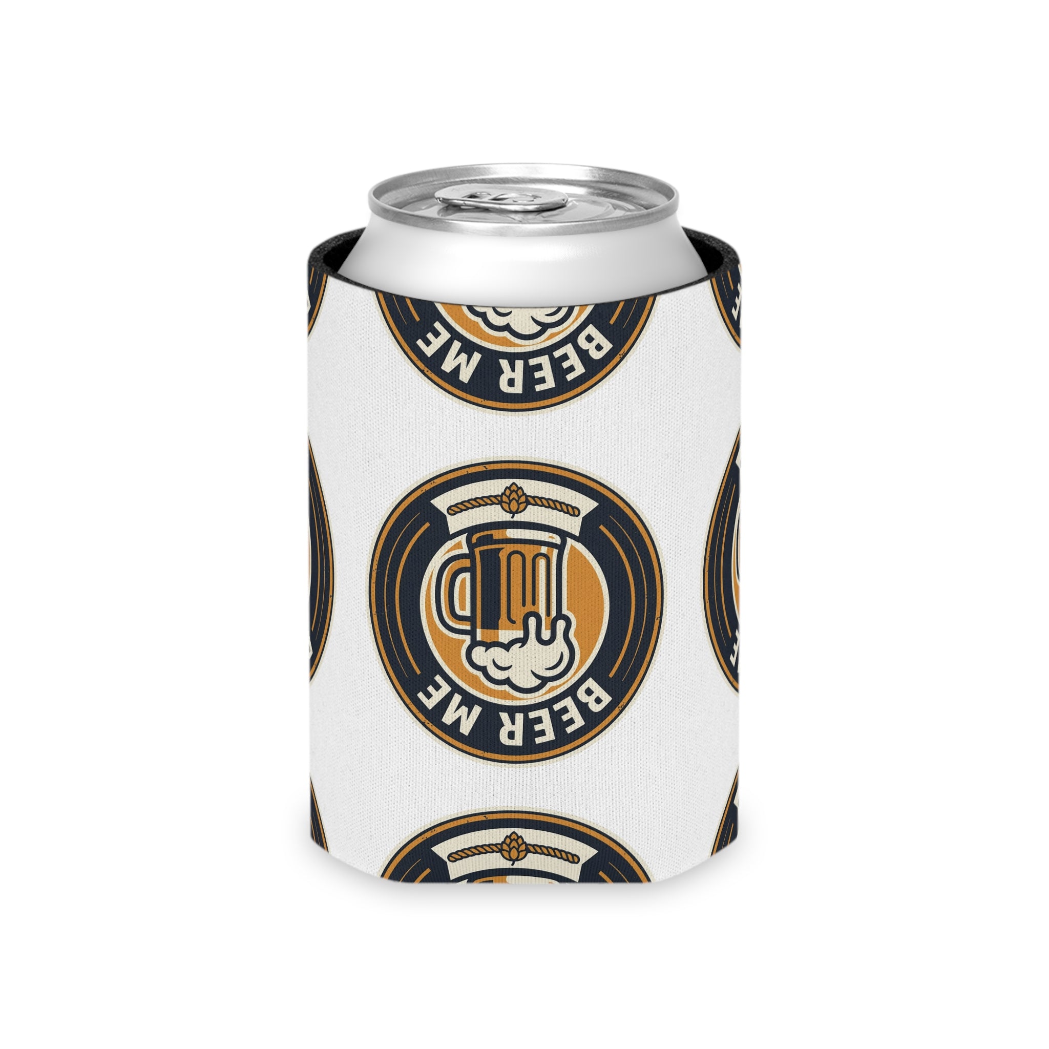 Can Cooler — "Beer Me" Mug Logo Pattern Slim Can Cooler (Cooler Sleeve for 12oz Cans)