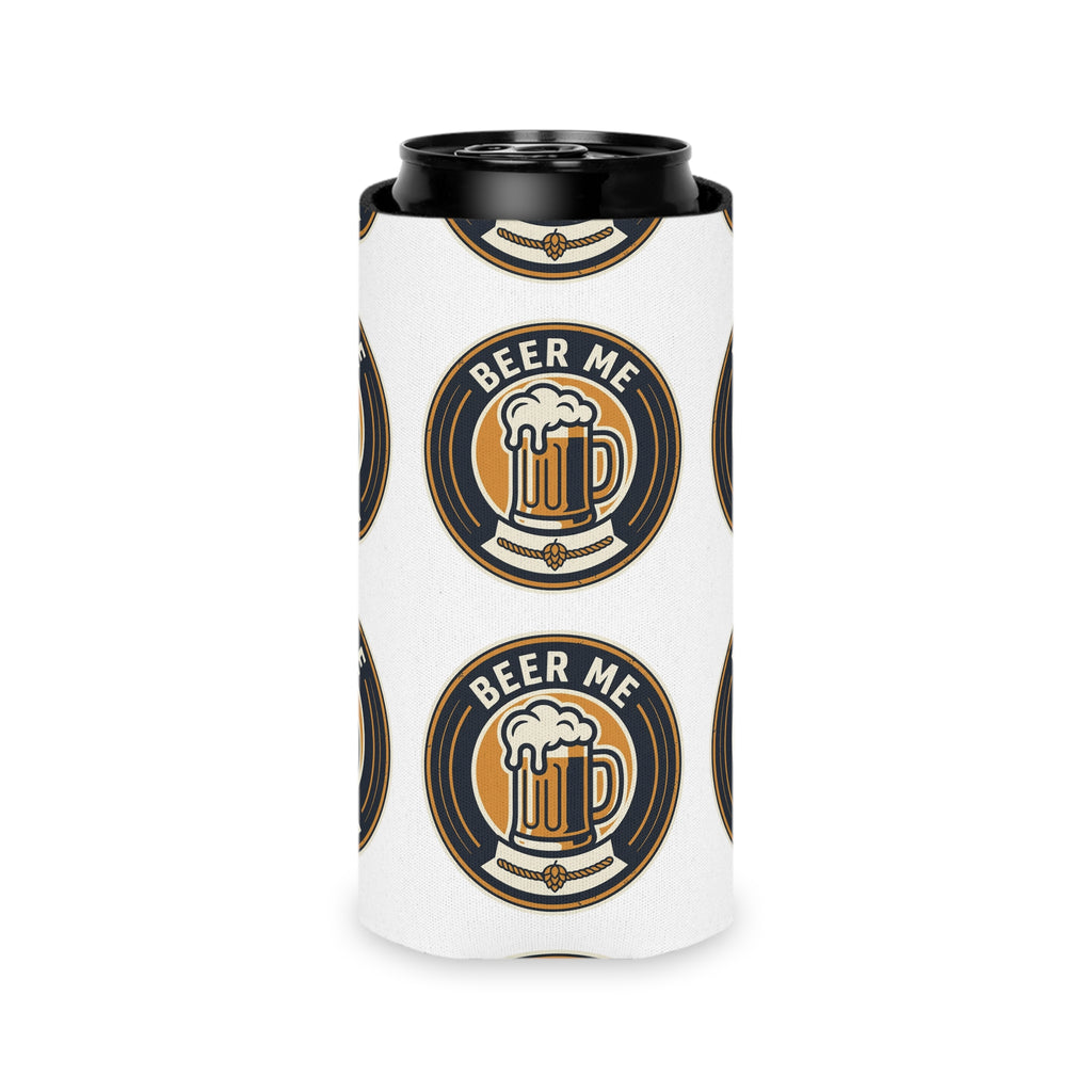 Can Cooler — "Beer Me" Mug Logo Pattern Slim Can Cooler (Cooler Sleeve for 12oz Cans)