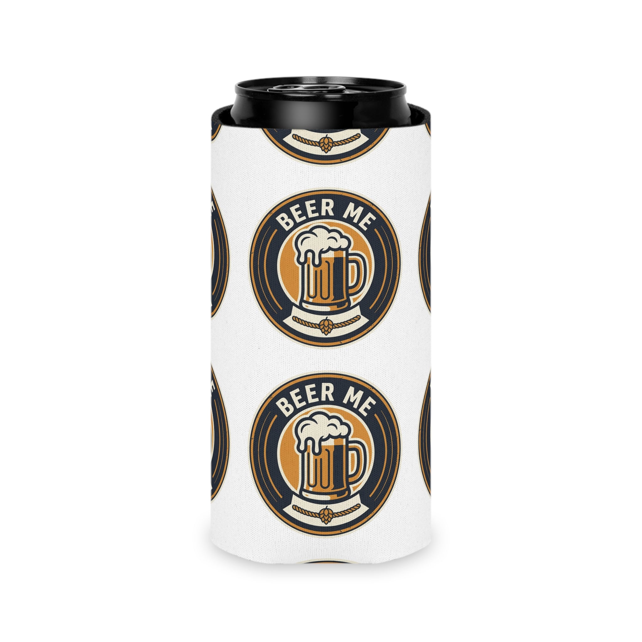 Can Cooler — "Beer Me" Mug Logo Pattern Slim Can Cooler (Cooler Sleeve for 12oz Cans)
