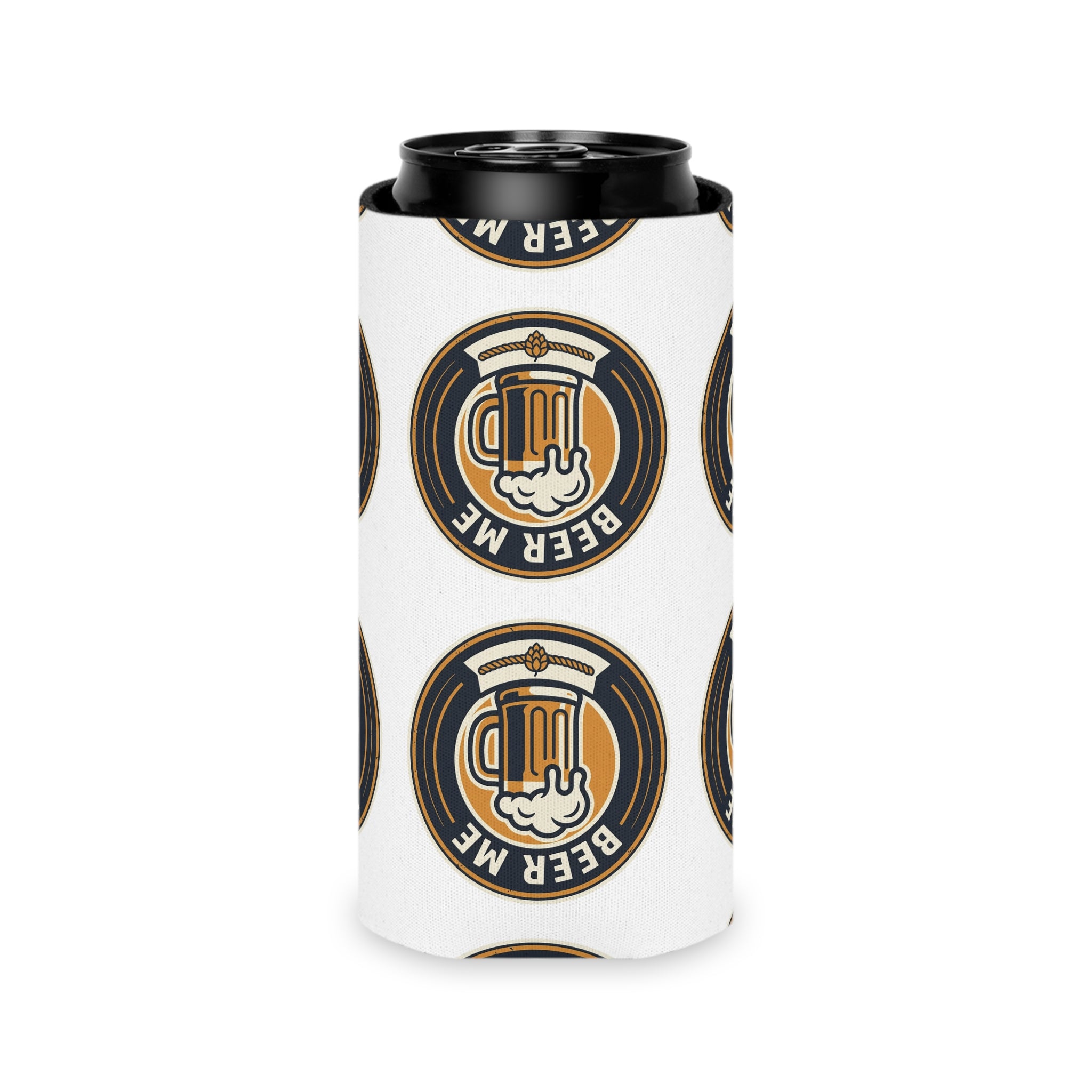 Can Cooler — "Beer Me" Mug Logo Pattern Slim Can Cooler (Cooler Sleeve for 12oz Cans)