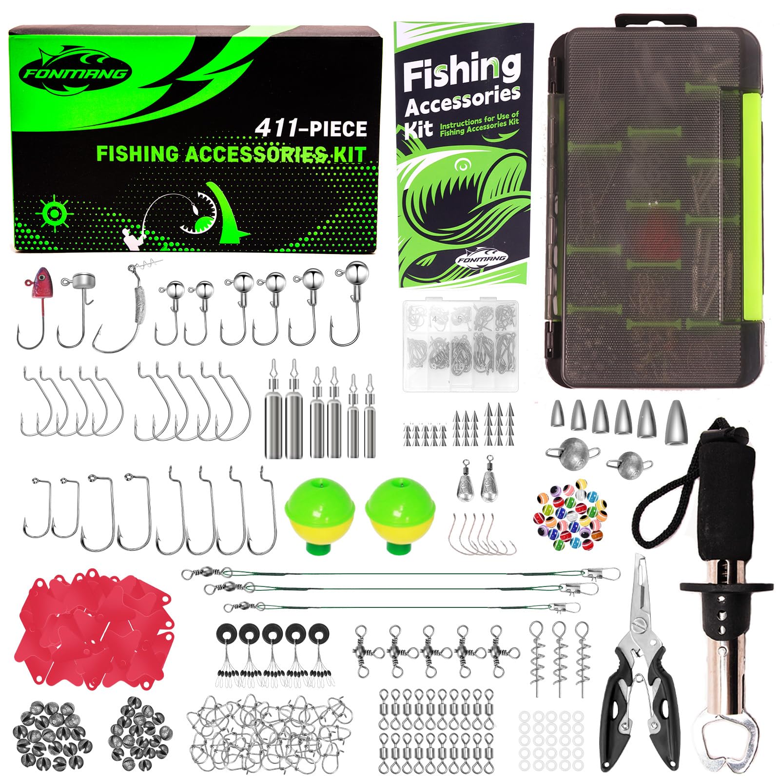 411-Piece Fishing Gear Accessories Kit [2025 New] Tackle Box with Pliers Fish Lip GripsTackle Storage Trays Hooks Weights Jig Heads Swivels 21 Pre-Made Rigs – Fishing Gear for Lures Fishing
