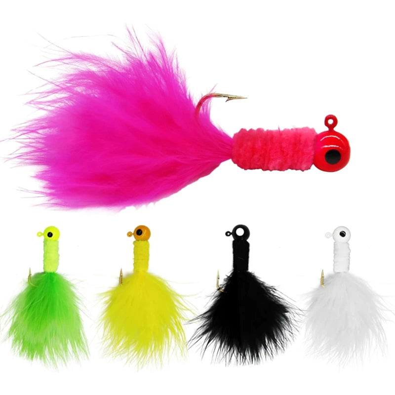 5PCS Fishing Lure Feather Metal Jig Head Hook Fishing Crappie Marabou Lure for Walleye Panfish Sunfish Bluegill Perch Swimbait