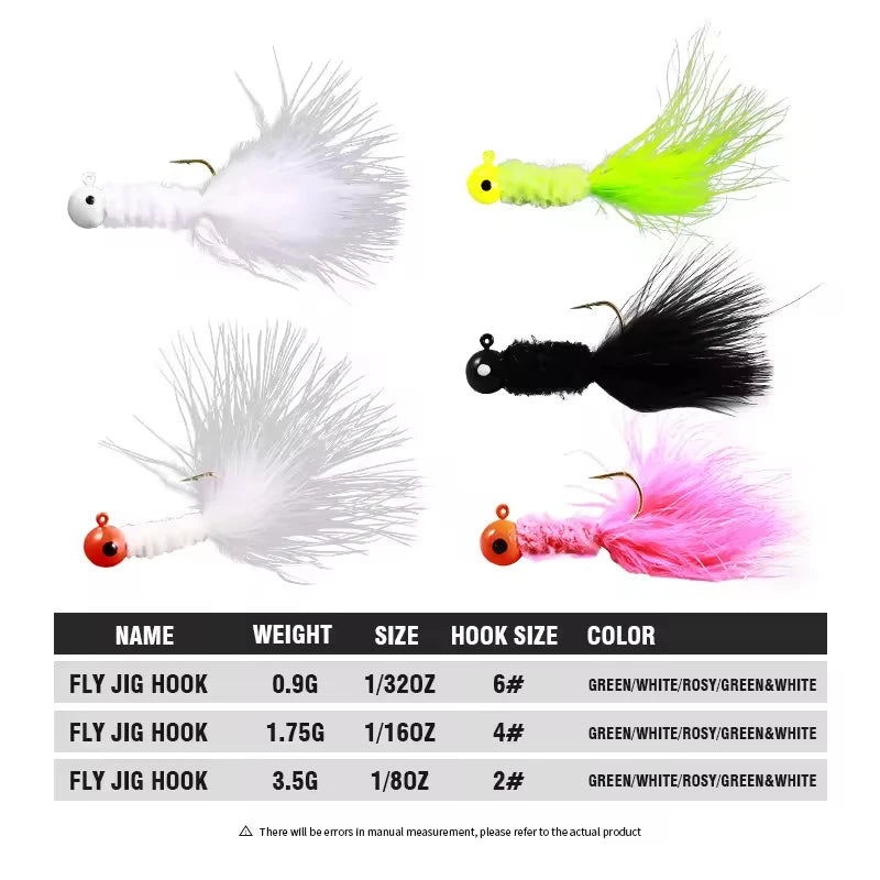 25pc/box 0.9-3.5g Fly Fishing Hooks Marabou Chenille Jig Feather Hooks Ice Fishing Crappie Jigs Heads Rooster Tail Fishing Lure