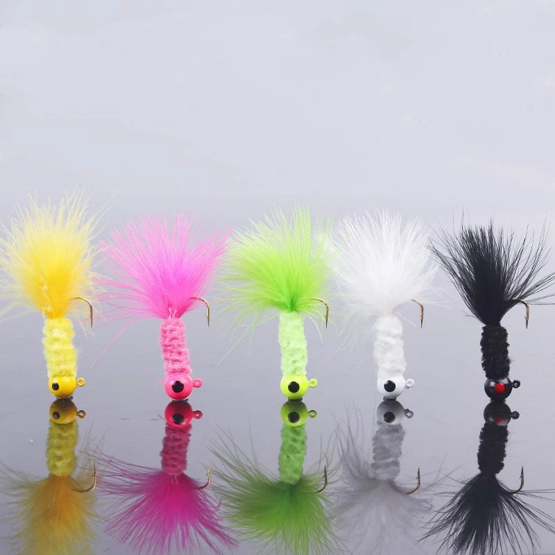 5PCS Fishing Lure Feather Metal Jig Head Hook Fishing Crappie Marabou Lure for Walleye Panfish Sunfish Bluegill Perch Swimbait
