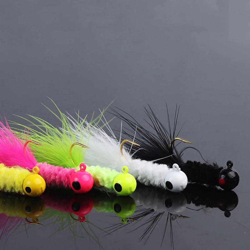 5PCS Fishing Lure Feather Metal Jig Head Hook Fishing Crappie Marabou Lure for Walleye Panfish Sunfish Bluegill Perch Swimbait