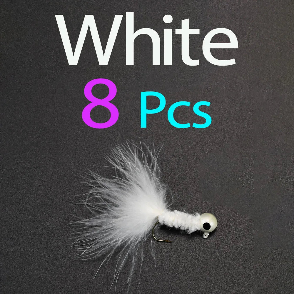 8Pcs Fishing Crappie Jig Heads Marabou Feather Jig Head Hooks Fishing Lures Kit for Walleye Panfish Sunfish Bluegill Perch Bait