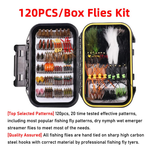 120PCS/Box Fly Fishing Lure Kit Dry Wet Flies Nymphs Woolly Buggers Streamers Emerger Worms Bass Trout Grayling Fishing Bait