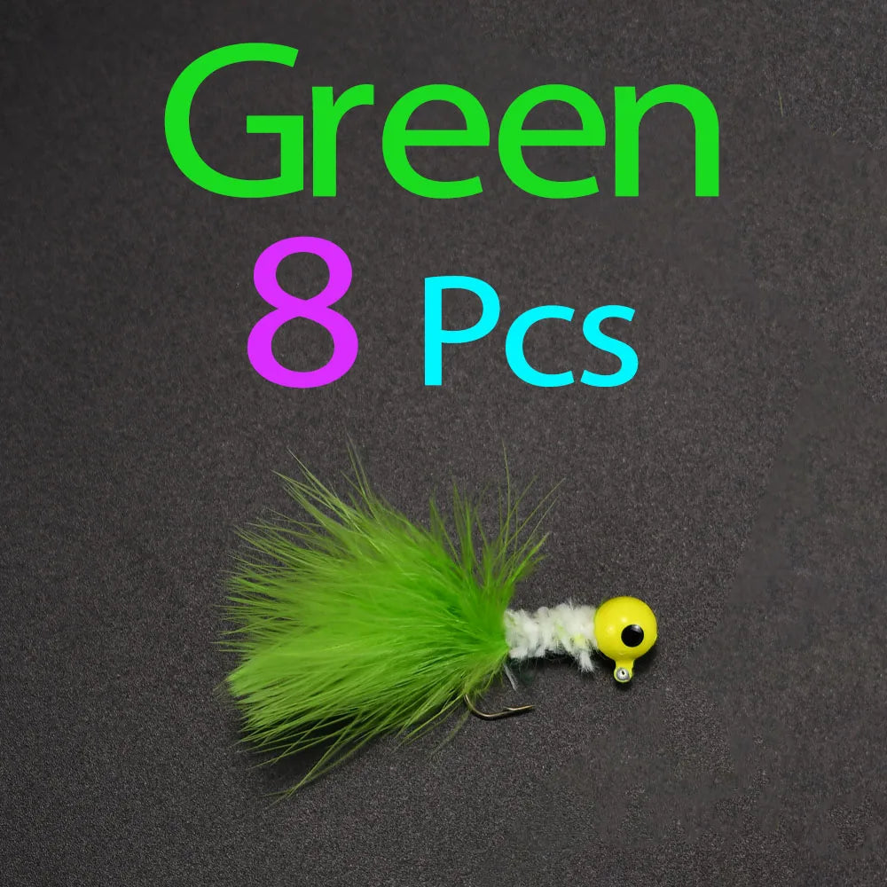 8Pcs Fishing Crappie Jig Heads Marabou Feather Jig Head Hooks Fishing Lures Kit for Walleye Panfish Sunfish Bluegill Perch Bait