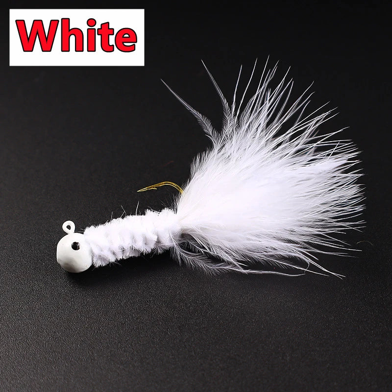 5PCS Fishing Lure Feather Metal Jig Head Hook Fishing Crappie Marabou Lure for Walleye Panfish Sunfish Bluegill Perch Swimbait