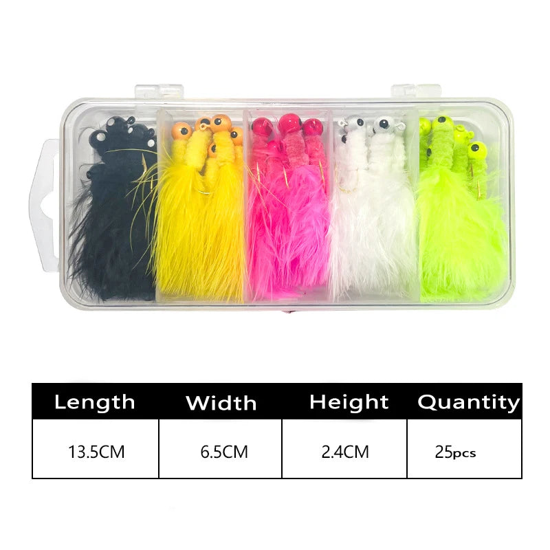 25pc/box 0.9-3.5g Fly Fishing Hooks Marabou Chenille Jig Feather Hooks Ice Fishing Crappie Jigs Heads Rooster Tail Fishing Lure