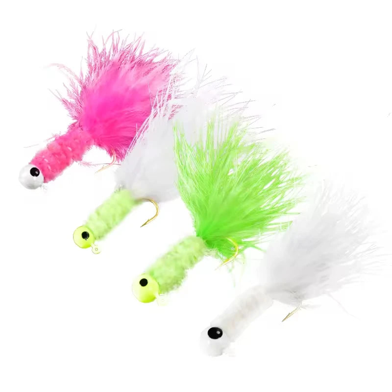 25pc/box 0.9-3.5g Fly Fishing Hooks Marabou Chenille Jig Feather Hooks Ice Fishing Crappie Jigs Heads Rooster Tail Fishing Lure