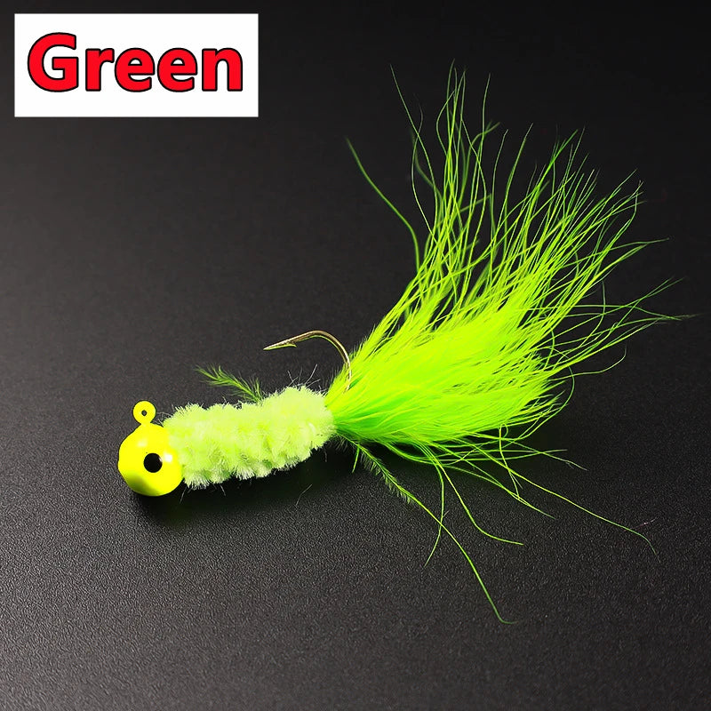 5PCS Fishing Lure Feather Metal Jig Head Hook Fishing Crappie Marabou Lure for Walleye Panfish Sunfish Bluegill Perch Swimbait