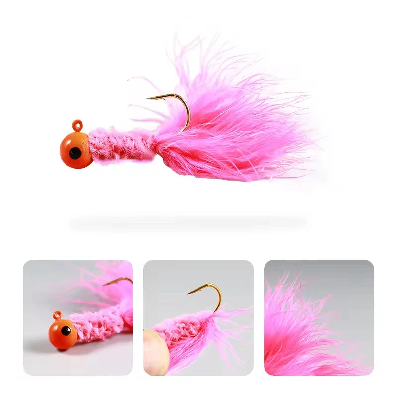 25pc/box 0.9-3.5g Fly Fishing Hooks Marabou Chenille Jig Feather Hooks Ice Fishing Crappie Jigs Heads Rooster Tail Fishing Lure
