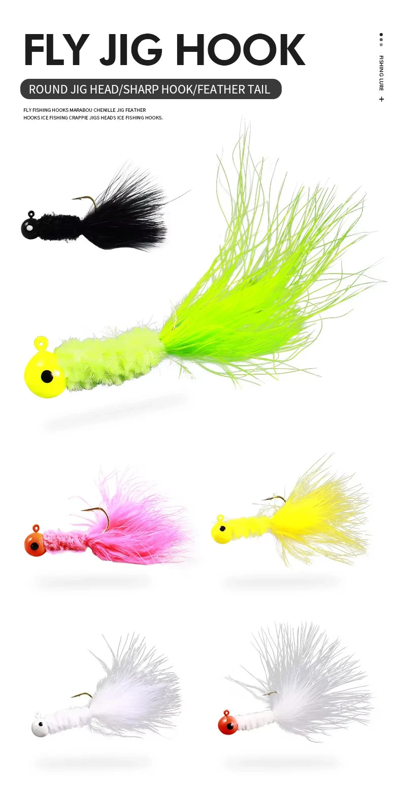 25pc/box 0.9-3.5g Fly Fishing Hooks Marabou Chenille Jig Feather Hooks Ice Fishing Crappie Jigs Heads Rooster Tail Fishing Lure