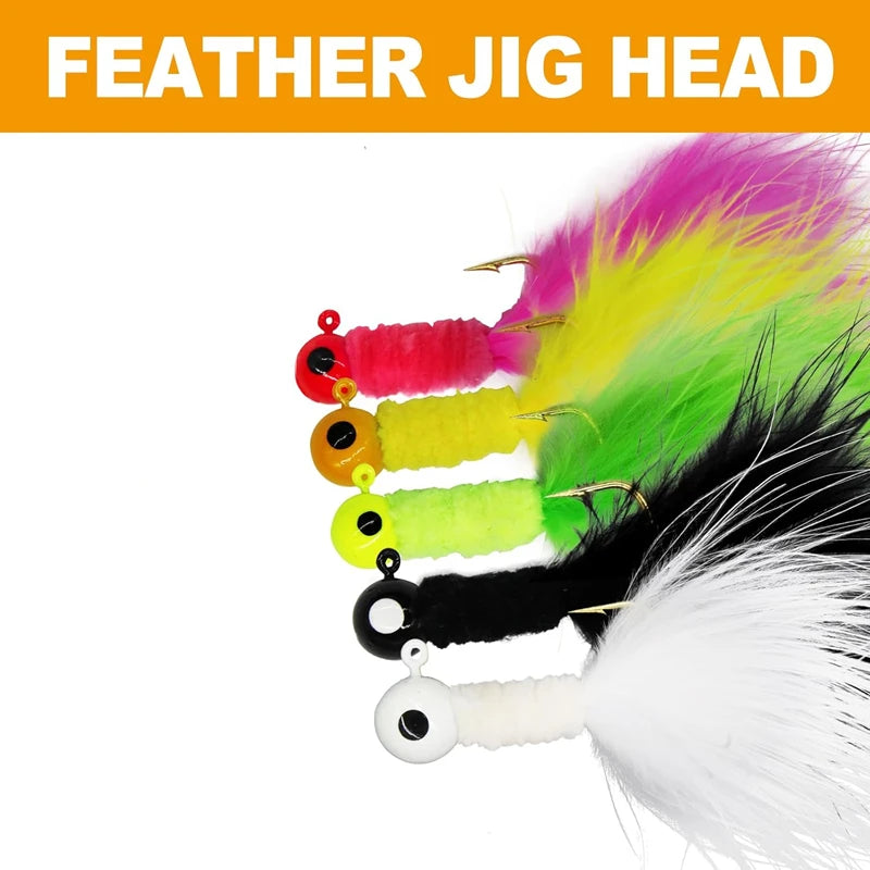 5PCS Fishing Lure Feather Metal Jig Head Hook Fishing Crappie Marabou Lure for Walleye Panfish Sunfish Bluegill Perch Swimbait