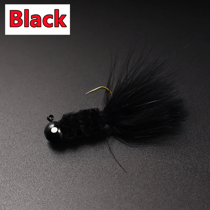 5PCS Fishing Lure Feather Metal Jig Head Hook Fishing Crappie Marabou Lure for Walleye Panfish Sunfish Bluegill Perch Swimbait