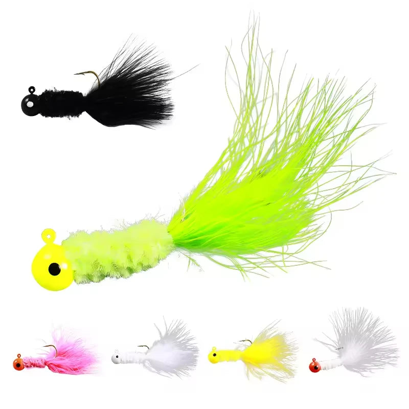 25pc/box 0.9-3.5g Fly Fishing Hooks Marabou Chenille Jig Feather Hooks Ice Fishing Crappie Jigs Heads Rooster Tail Fishing Lure