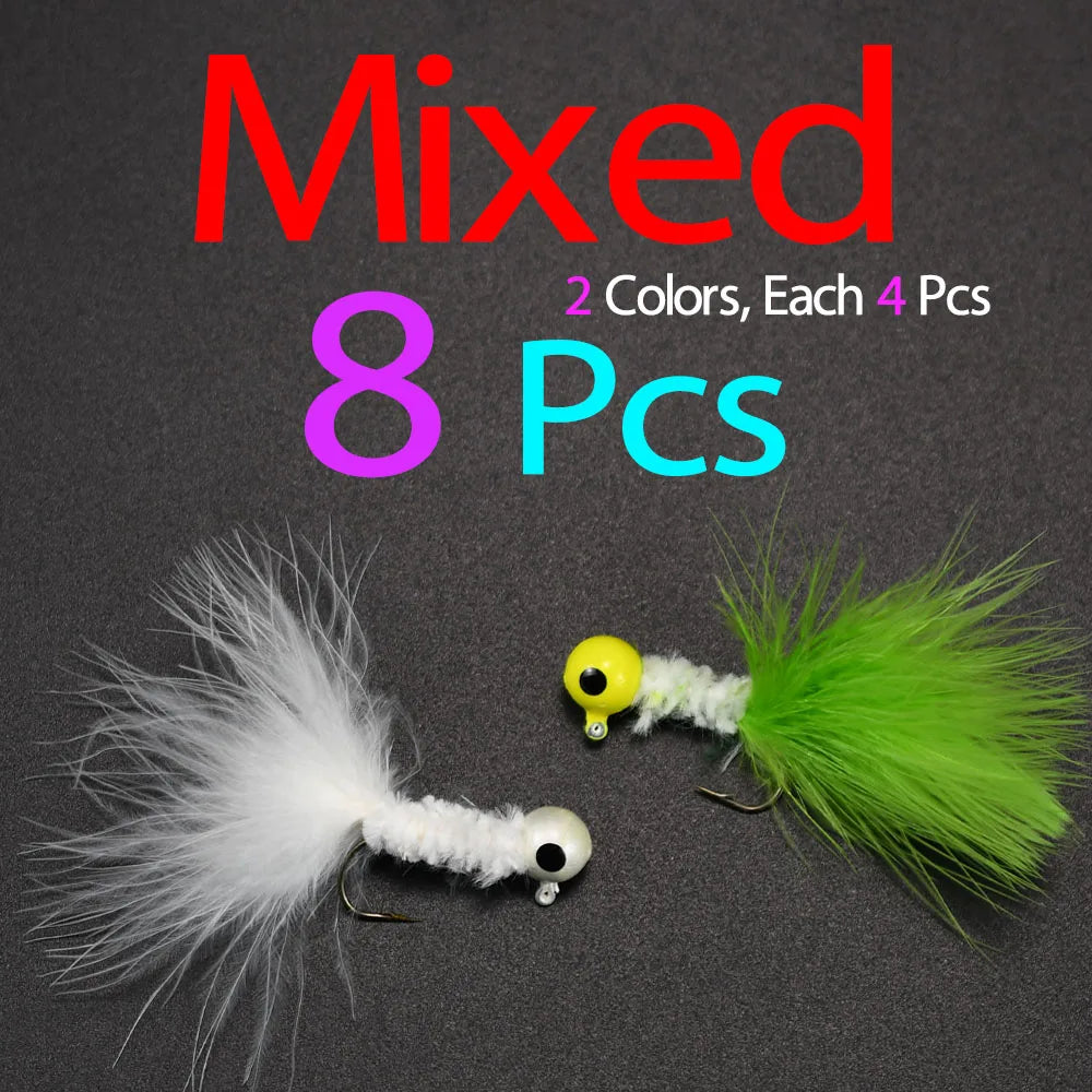 8Pcs Fishing Crappie Jig Heads Marabou Feather Jig Head Hooks Fishing Lures Kit for Walleye Panfish Sunfish Bluegill Perch Bait
