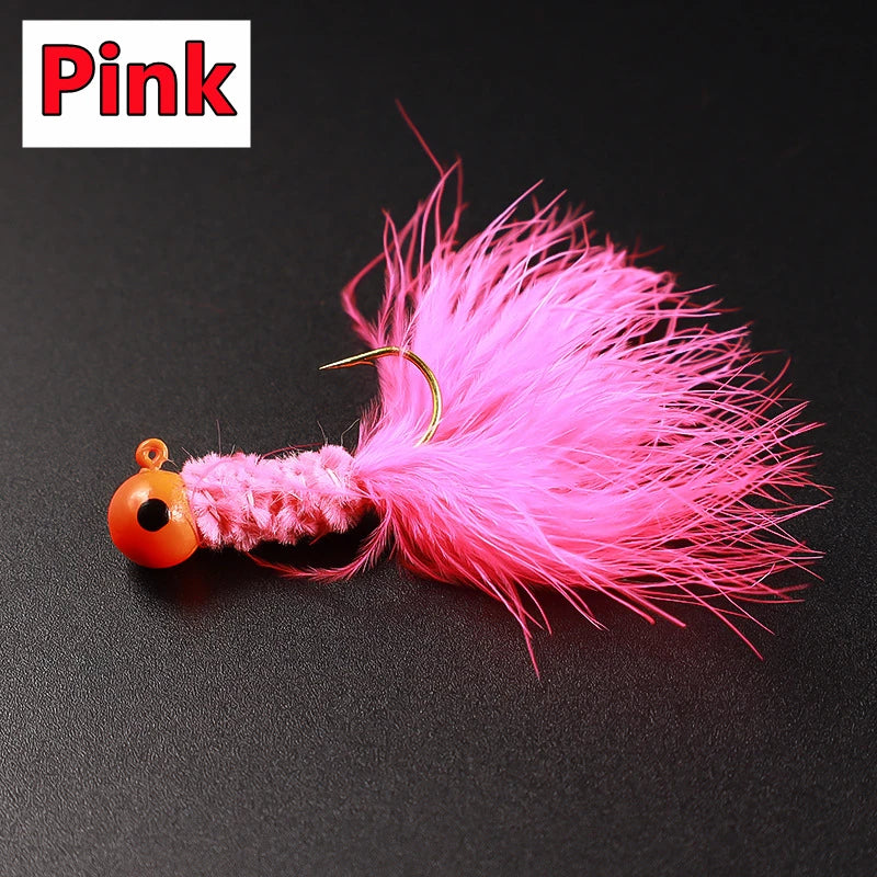 5PCS Fishing Lure Feather Metal Jig Head Hook Fishing Crappie Marabou Lure for Walleye Panfish Sunfish Bluegill Perch Swimbait