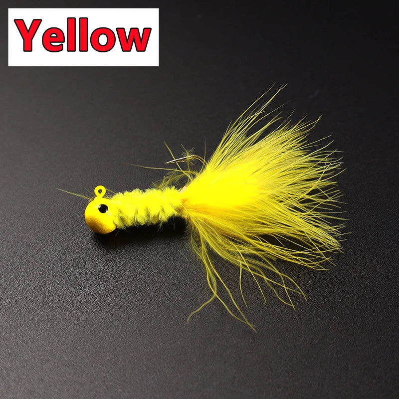5PCS Fishing Lure Feather Metal Jig Head Hook Fishing Crappie Marabou Lure for Walleye Panfish Sunfish Bluegill Perch Swimbait